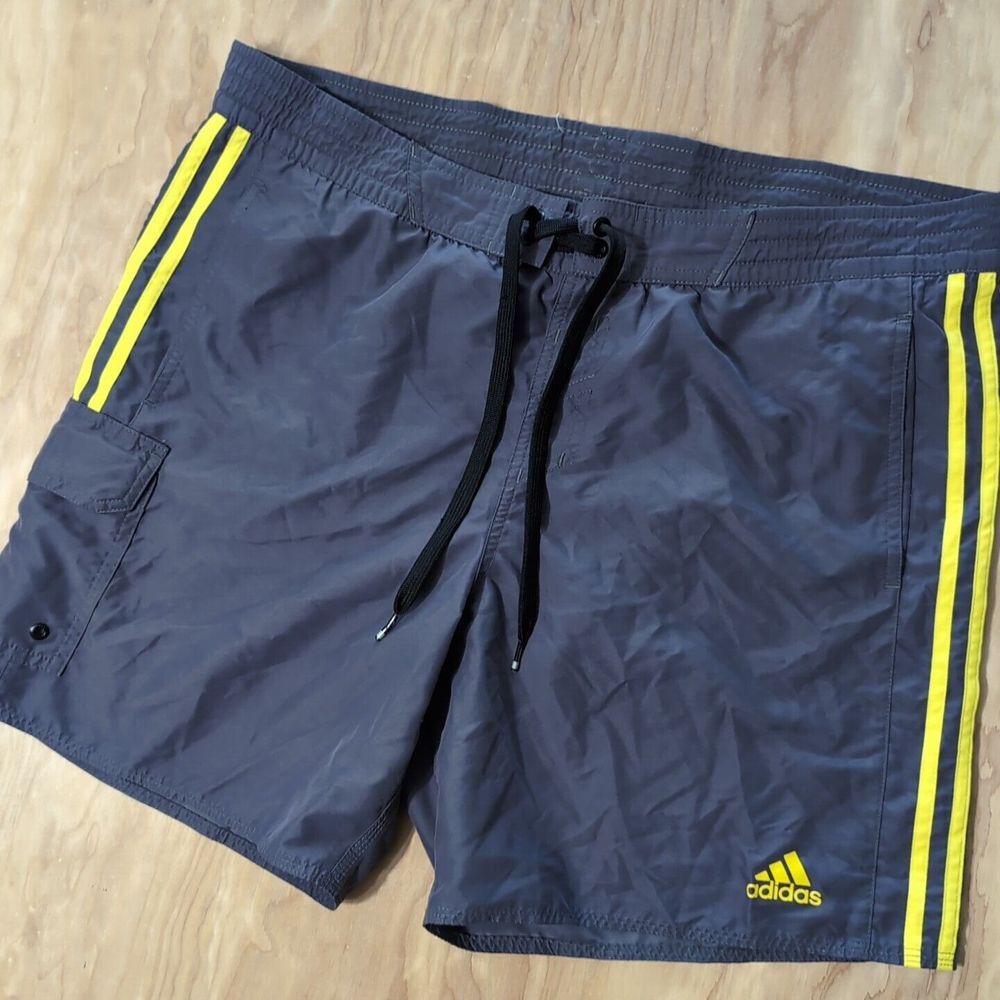 Adidas Swim Shorts Gray Yellow Lines Pockets Cargo‎ Pocket Drawstring 38x7"